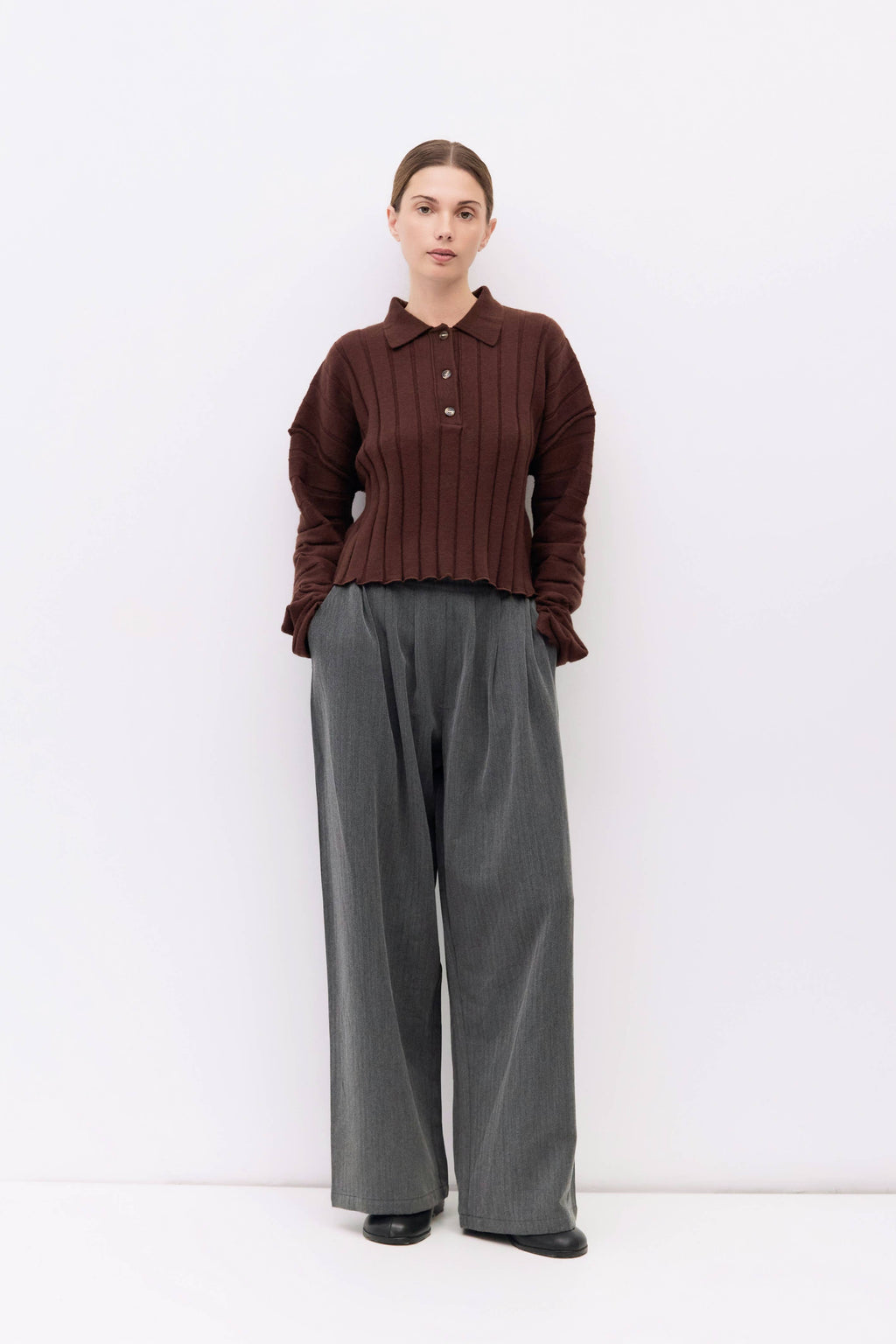 The Karina Sweater | Cropped Ribbed Knit Polo Sweater