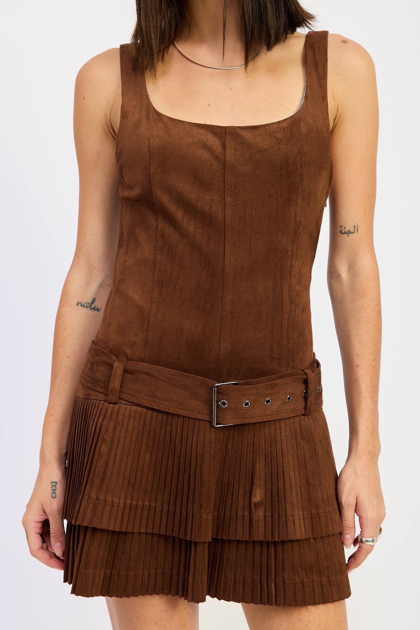 Belted Suede Pleat Mini Dress
