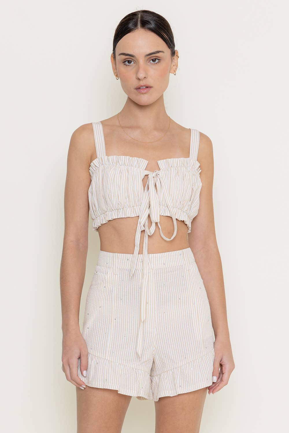PLEATED STRIPE RUFFLE SELF STRAP BOW TIE CROP TOP