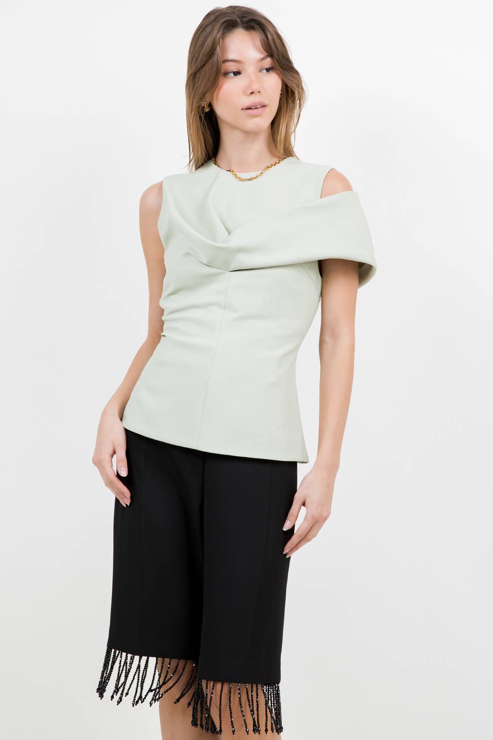 SOFT WOVEN DRAPE DETAILED SLEEVELESS FITTED TOP - SAGE