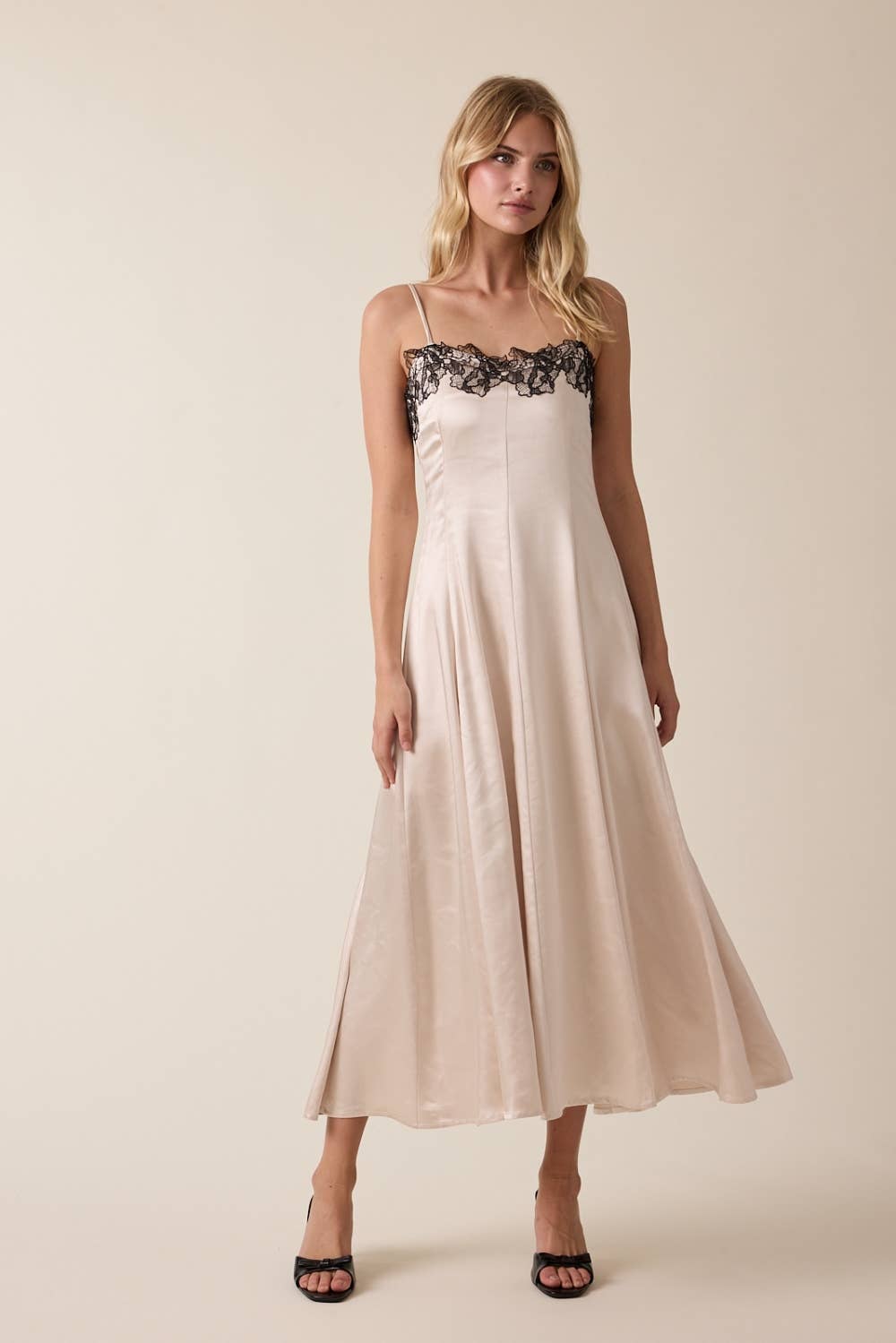 Satin Black Floral Lace Bust Sleeveless Midi Dress