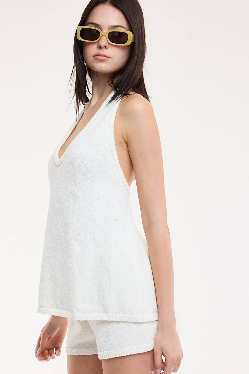 HALTER TIE NECK OPEN BACK KNIT TOP & SHORT SET