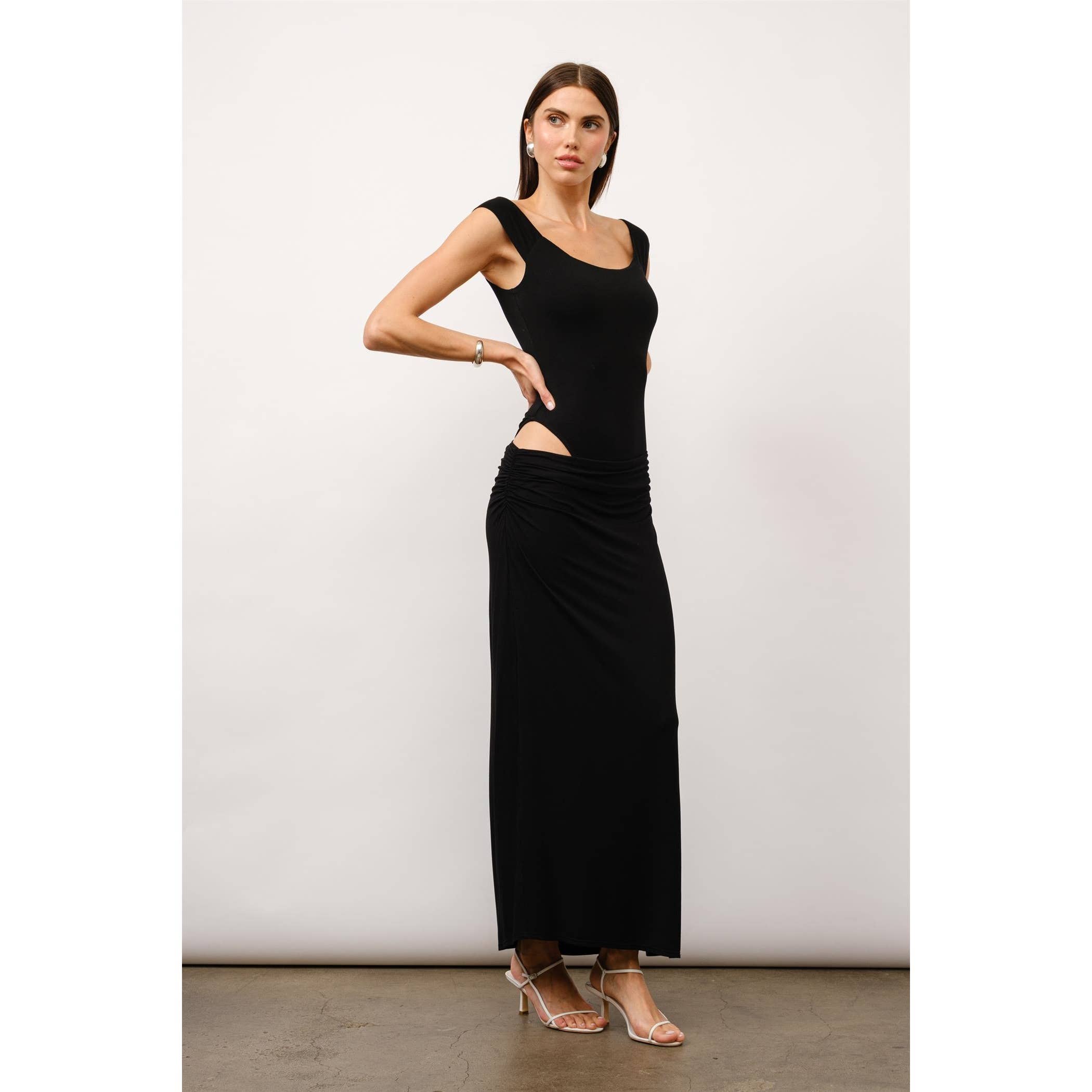 Juliette Off The Shoulder Bodycon Maxi Dress in Black Jersey