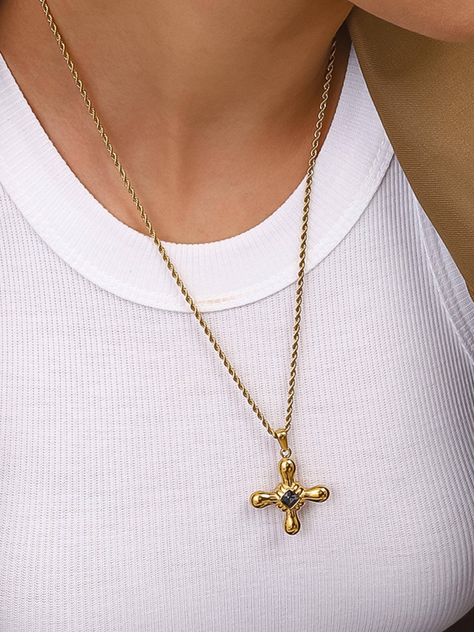 18K Gold Non-Tarnish Stone Cross Necklace