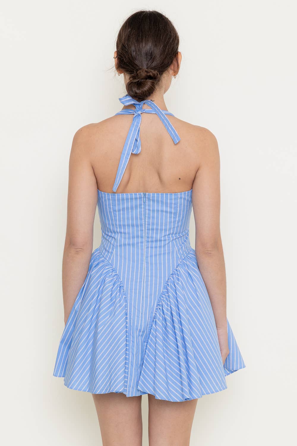 OPEN BACK STRIPE V NECKLINE BUBBLE HEM MINI DRESS