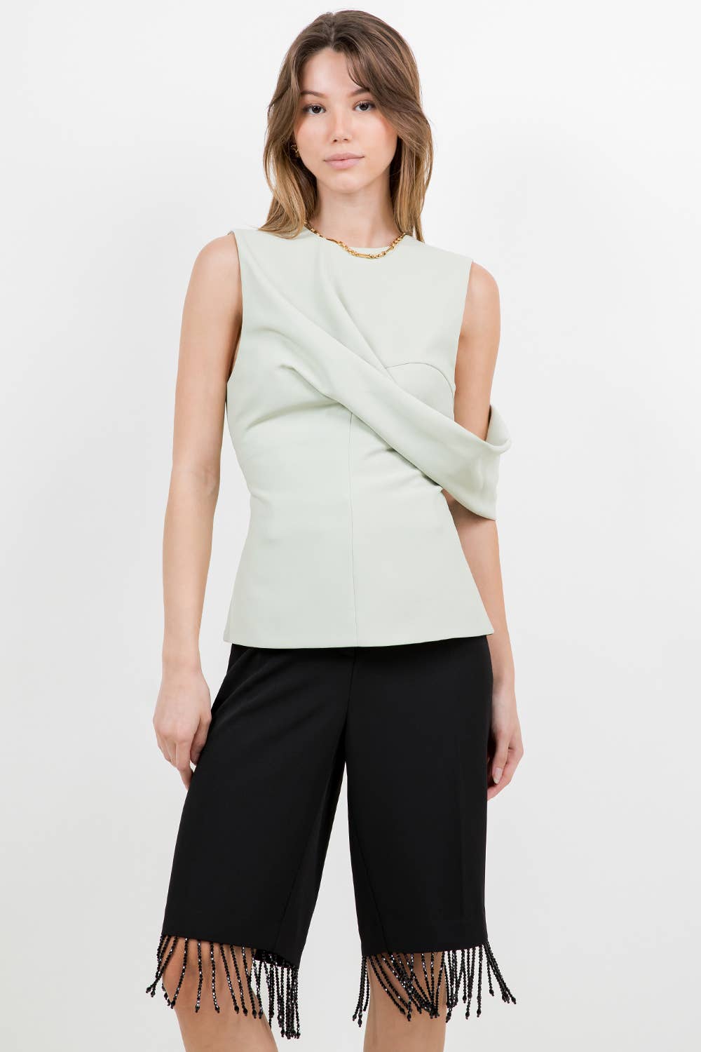 SOFT WOVEN DRAPE DETAILED SLEEVELESS FITTED TOP - SAGE