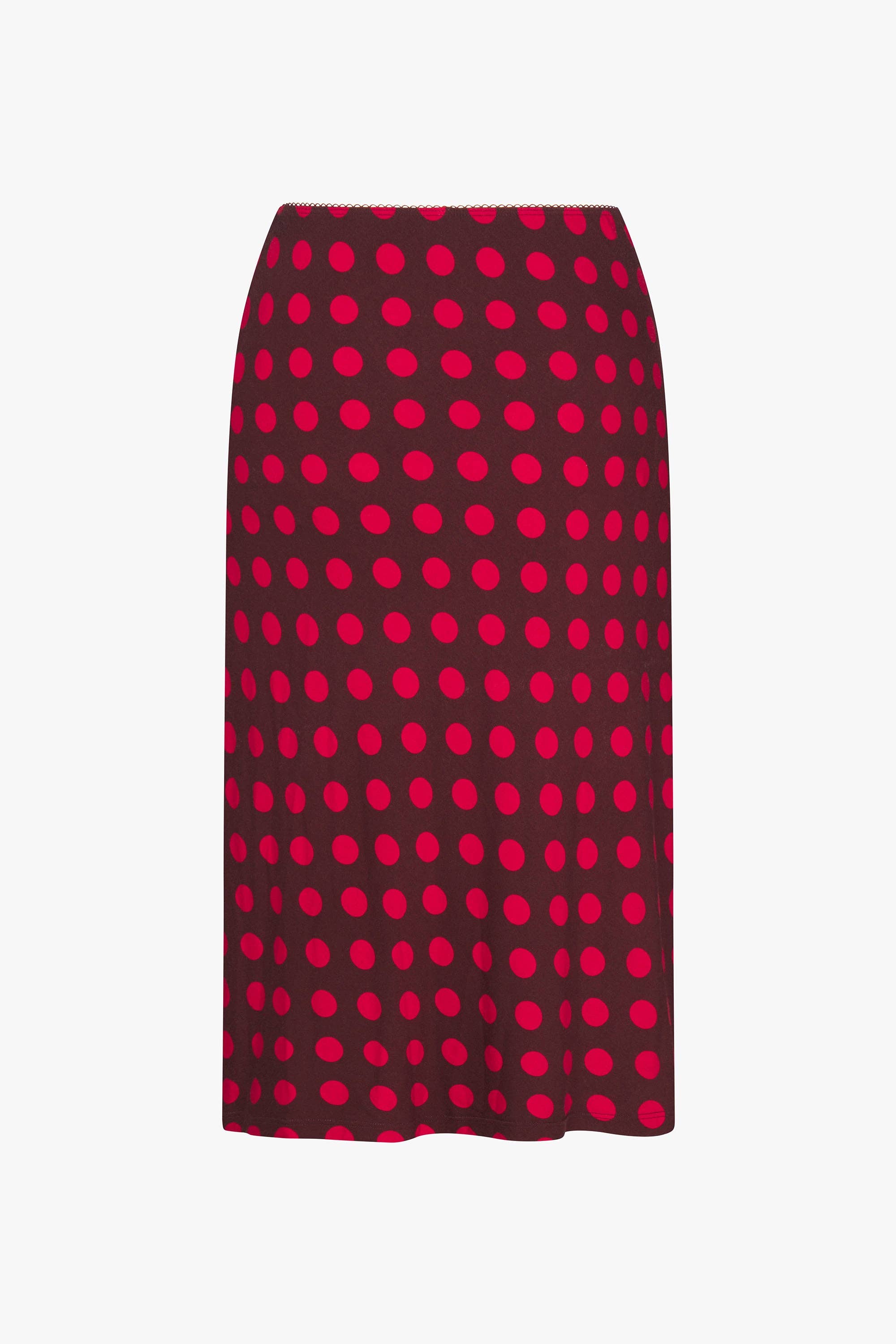 BIAS MIDI SLIP SKIRT IN SCARLET DOT