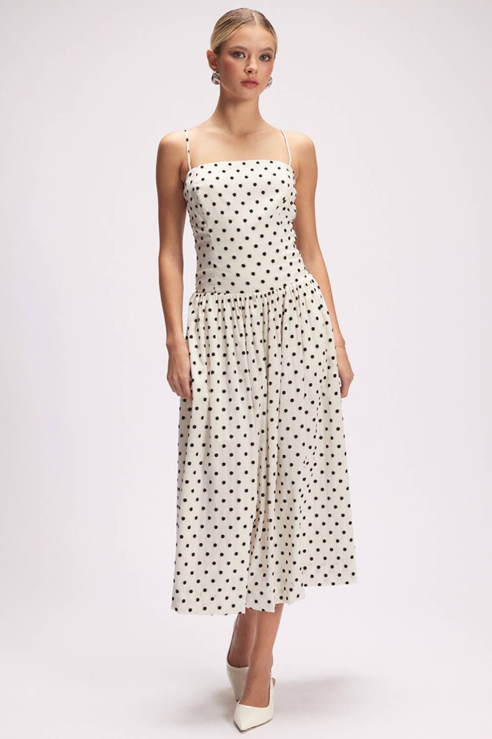 CHIC SQUARE NECK POLKA DOT FIT & FLARE MIDI DRESS