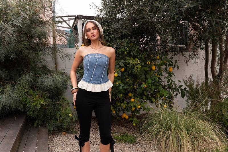 Denim Tube Top With Eyelet Frilled Hem