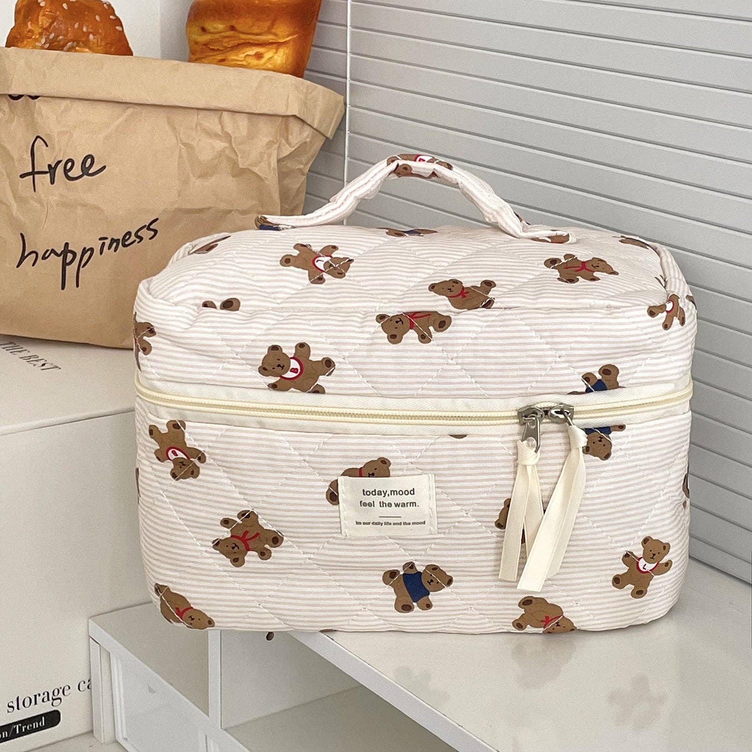 Cute Bear Print Striped Make Up Bag