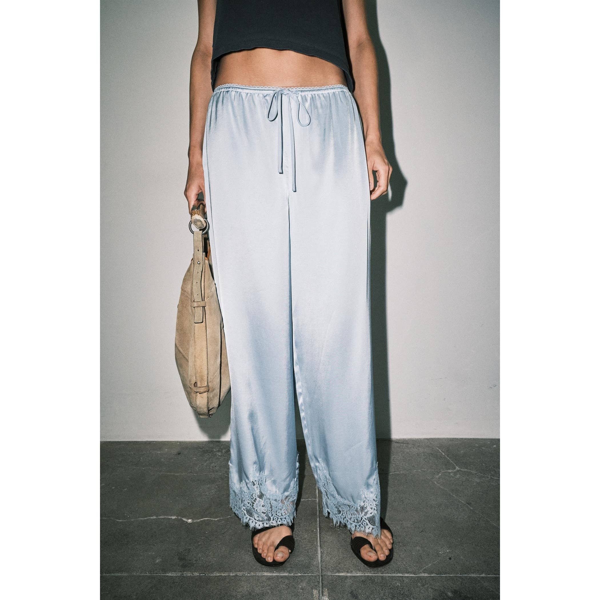 MIREYA SATIN LACE HEM WIDE LEG PALAZZO PANTS