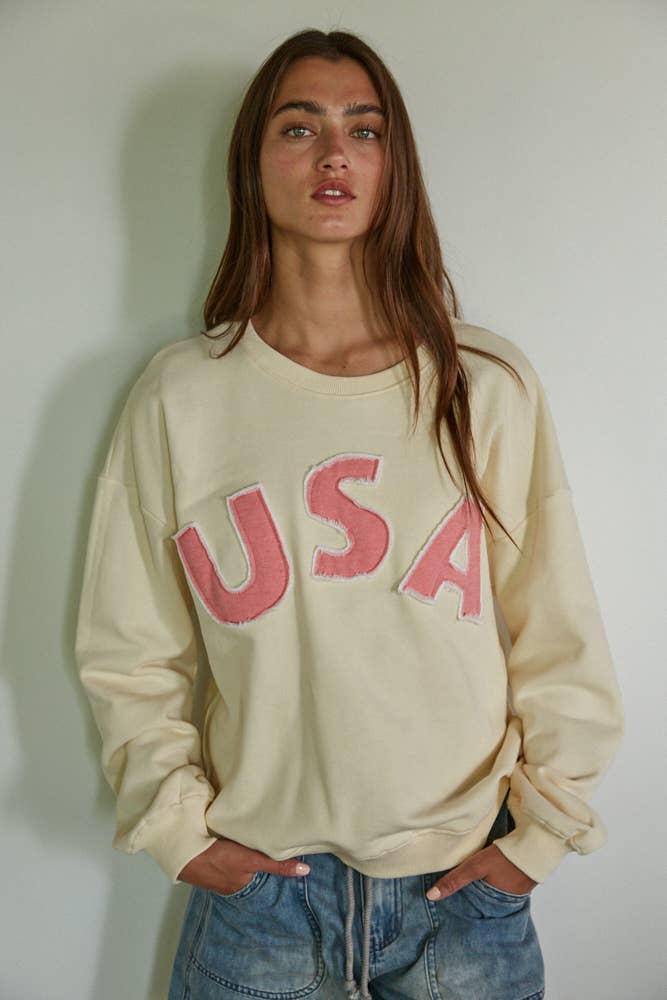 Knit Cotton Pullover Top With USA Patch Work