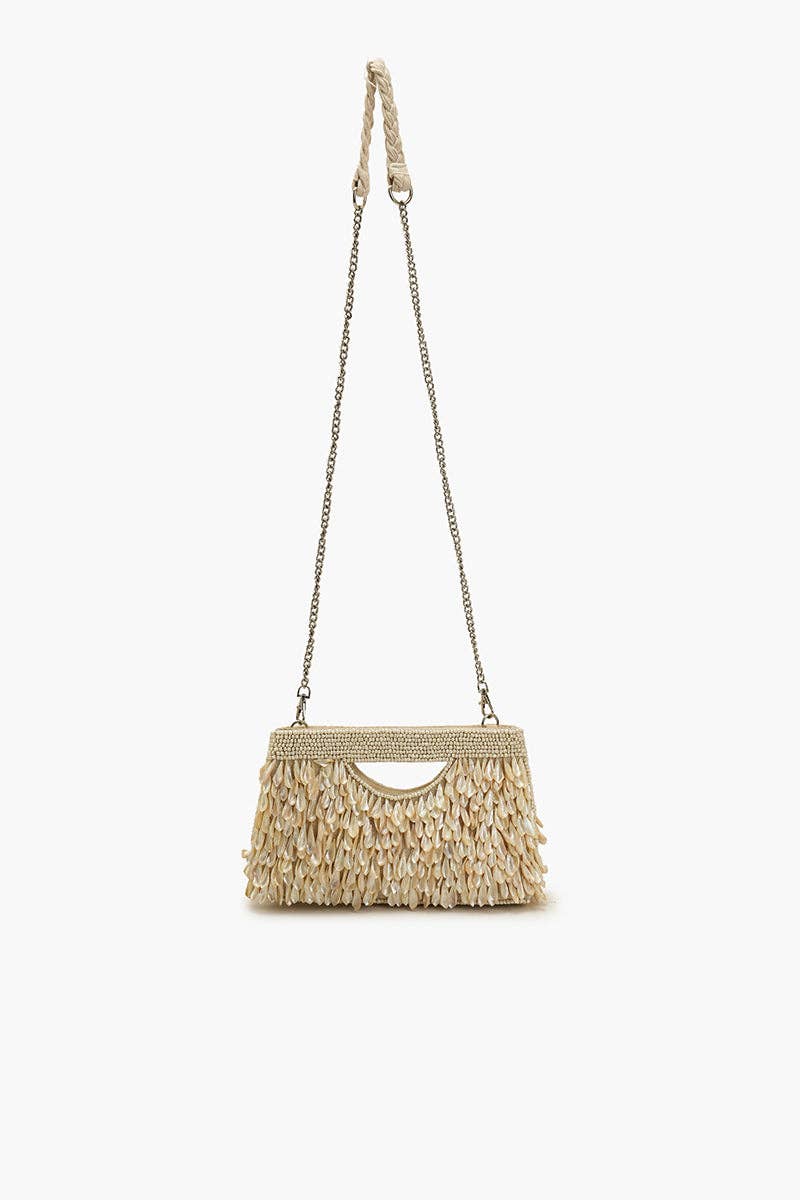 RAINBOW SHELL BEADED ROUND HANDHELD CLUTCH