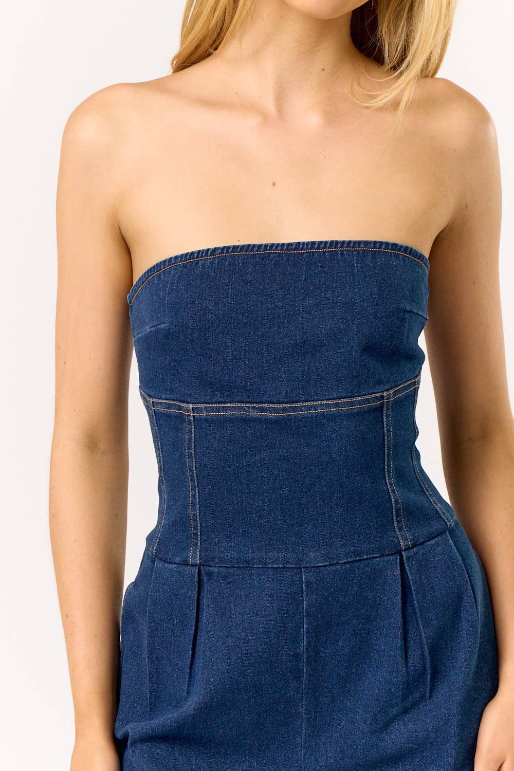 DENIM TUBE PLEATED ROMPER