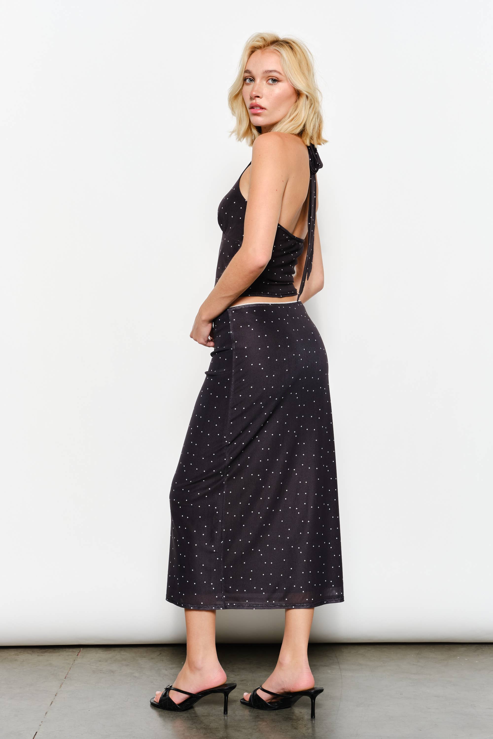 GENEVA POLKADOT MESH HALTER NECK TOP