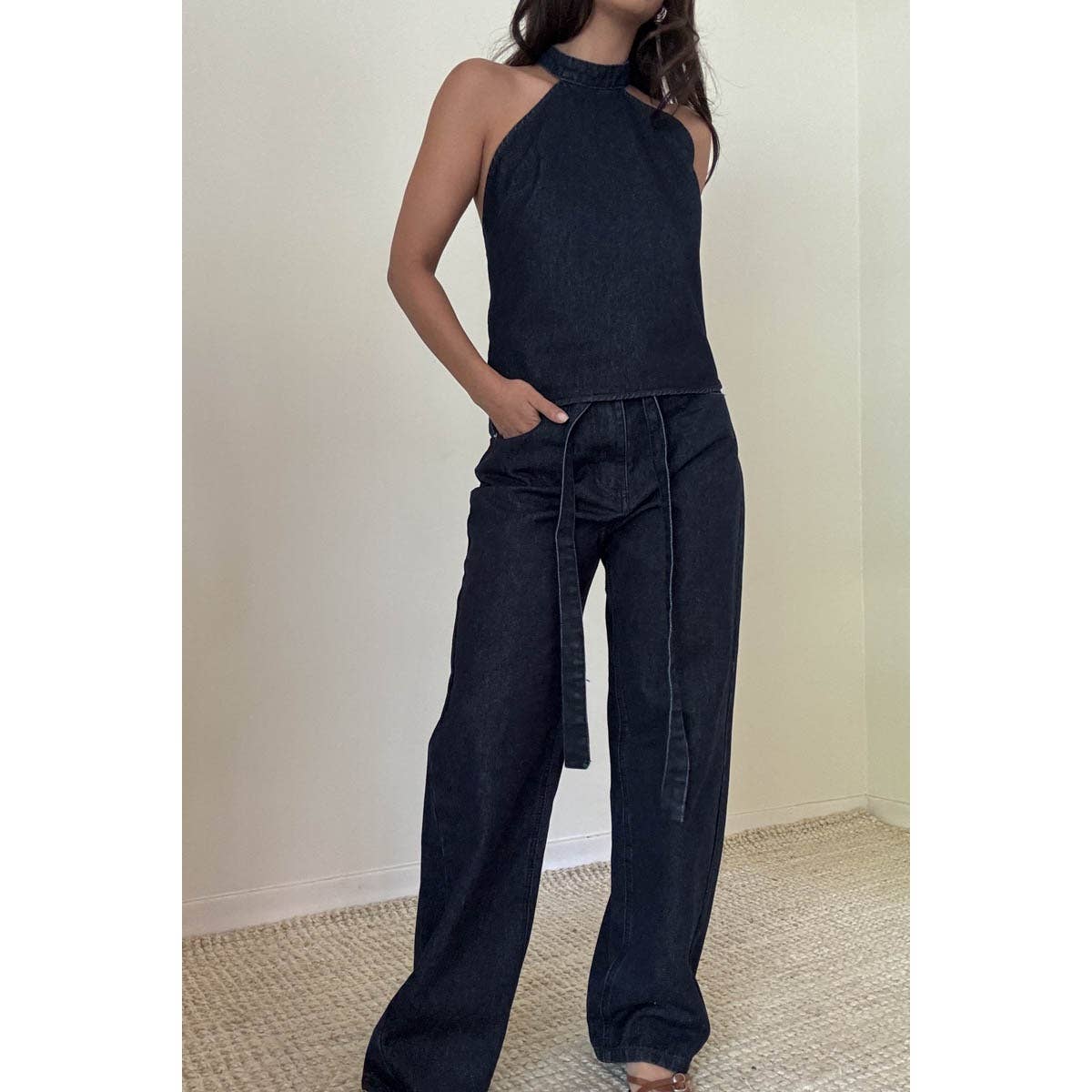 Self-Tie Belt Loose Baggy Fit Denim Pants