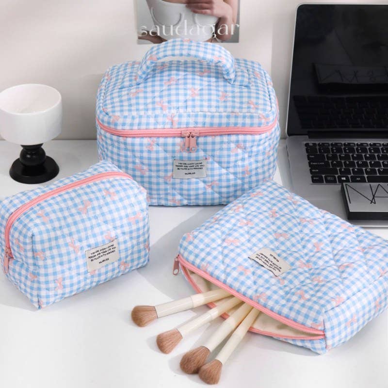 Sweet Color Block Plaid Bow Cosmetic Bag