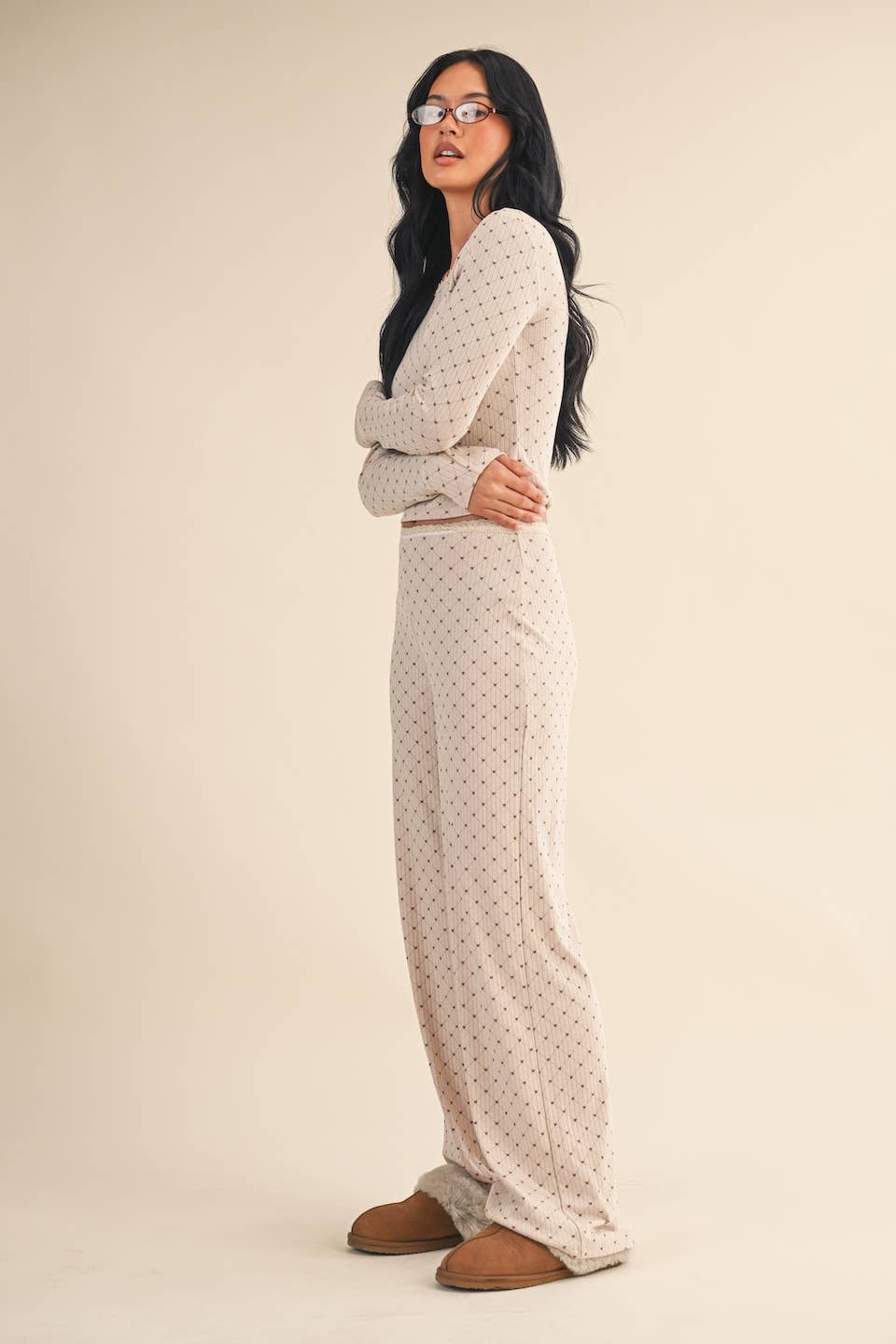 Heart Print Pointelle Lounge Set with Picot Lace Trim