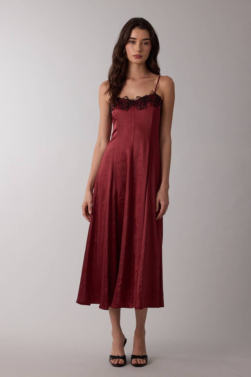 Satin Black Floral Lace Bust Sleeveless Midi Dress