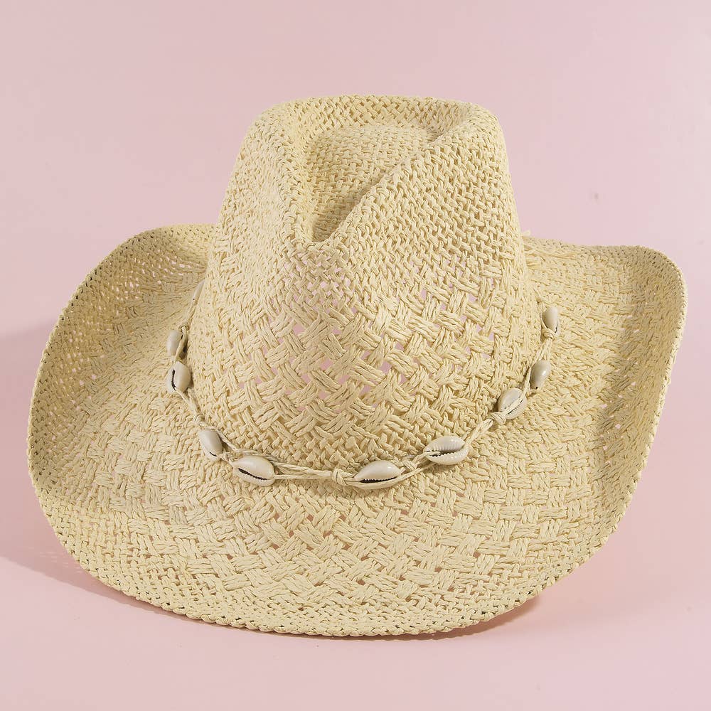 STRAW COWRIE SHELL BAND COWBOY HAT