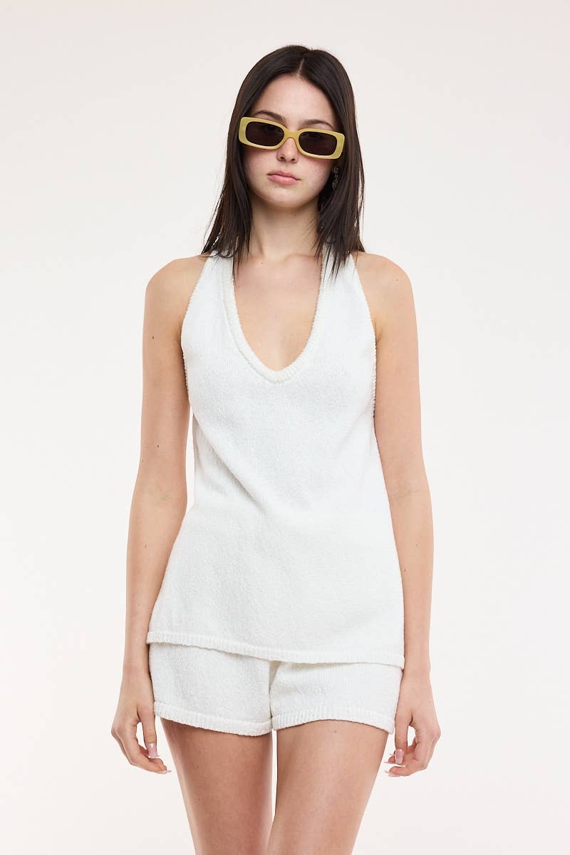 HALTER TIE NECK OPEN BACK KNIT TOP & SHORT SET
