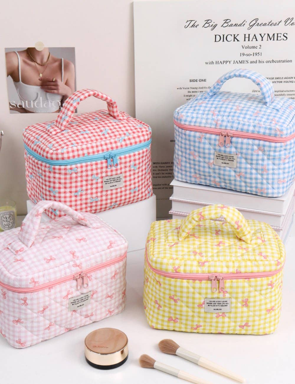 Sweet Color Block Plaid Bow Cosmetic Bag