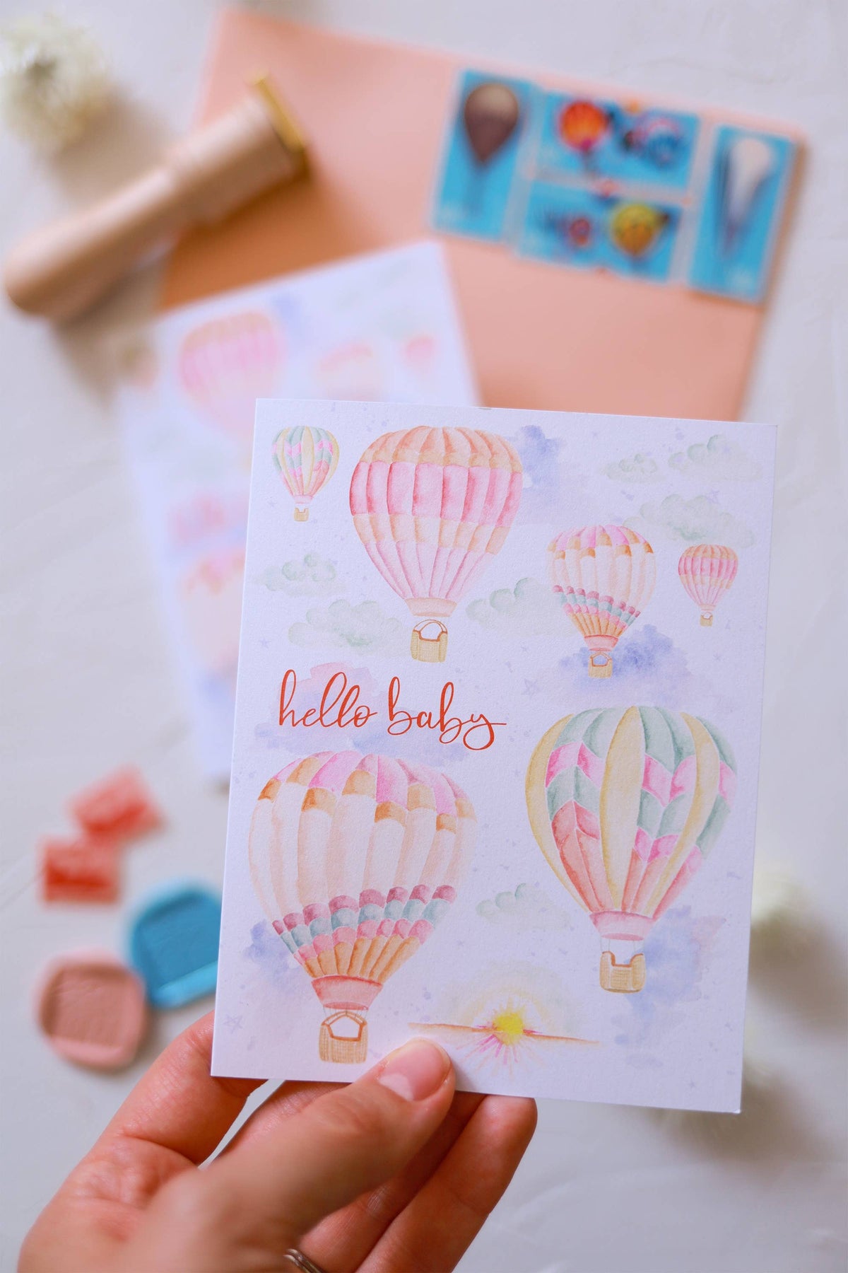 Hello Baby Hot Air Balloons Greeting Card