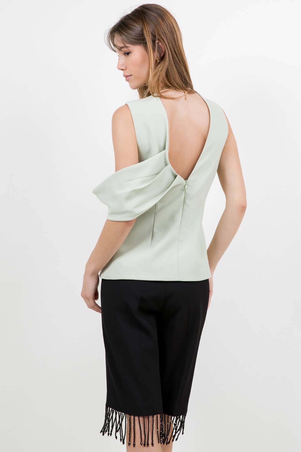 SOFT WOVEN DRAPE DETAILED SLEEVELESS FITTED TOP - SAGE