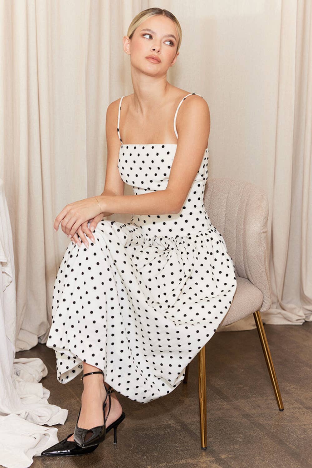 CHIC SQUARE NECK POLKA DOT FIT & FLARE MIDI DRESS