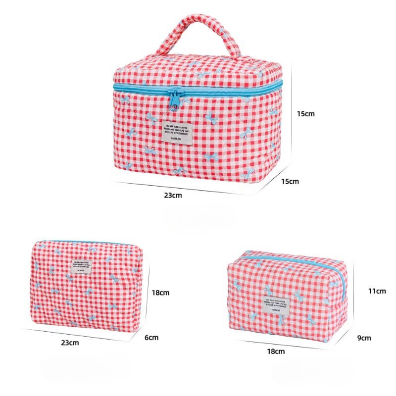 Sweet Color Block Plaid Bow Cosmetic Bag