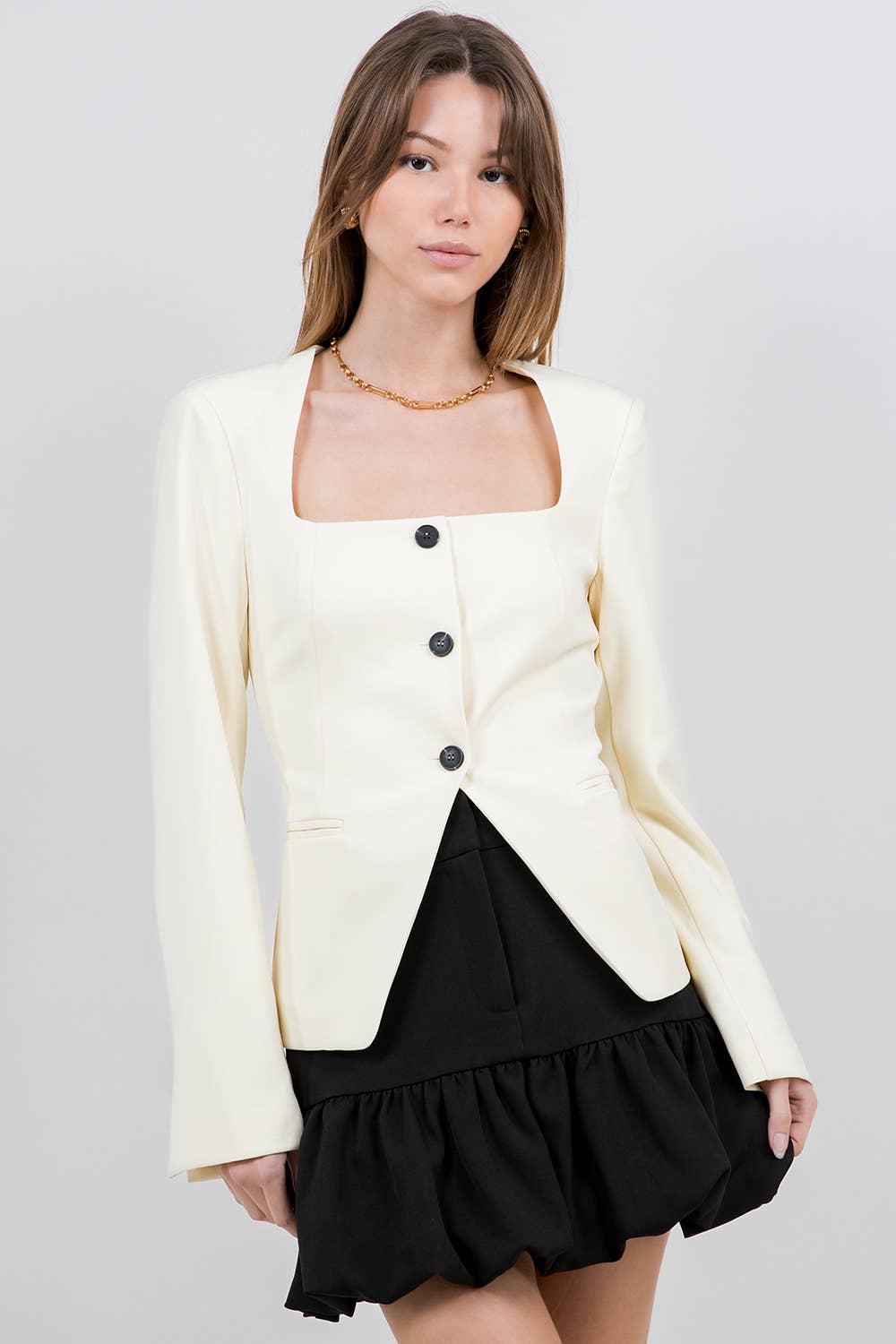 STRUCTURED WOVEN BUTTON DOWN TOP - BABY YELLOW
