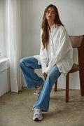 Woven Cotton Button Down Collar Neck Long Sleeve