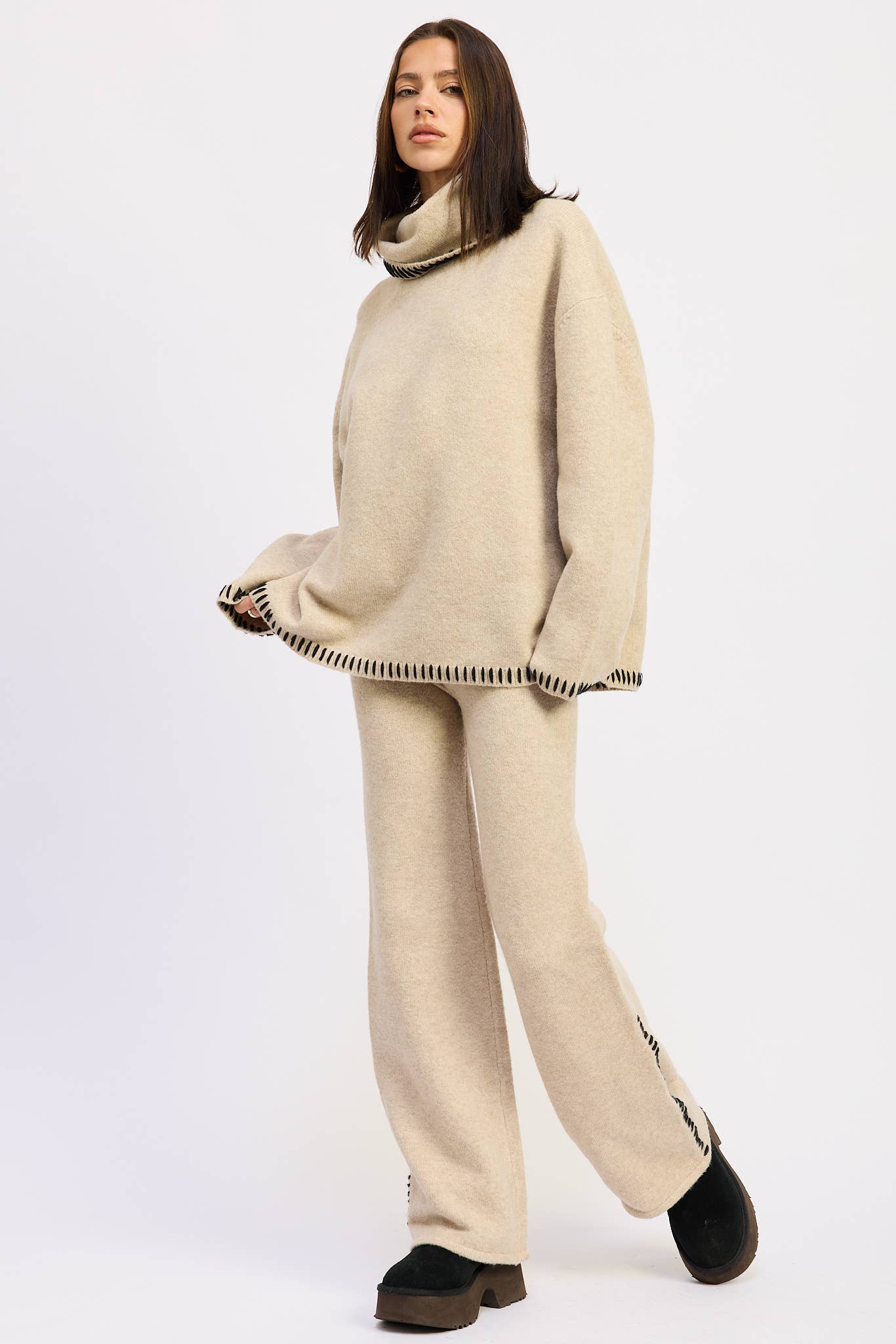 Wide Leg Pants with Blanket Stitching