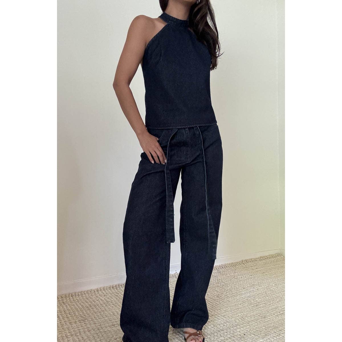 Self-Tie Belt Loose Baggy Fit Denim Pants