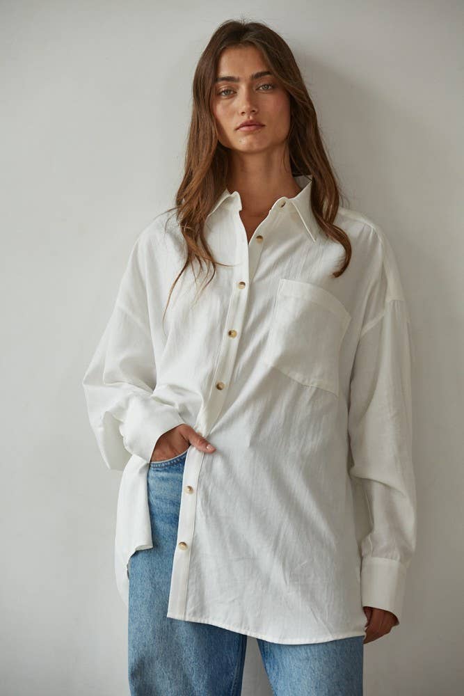 Woven Cotton Button Down Collar Neck Long Sleeve
