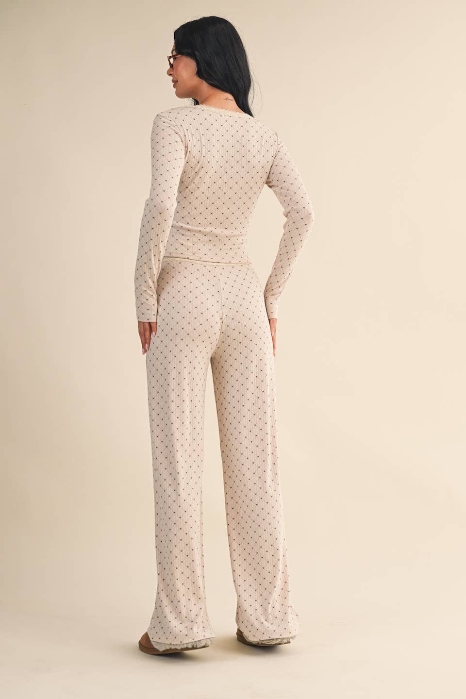 Heart Print Pointelle Lounge Set with Picot Lace Trim