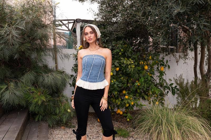 Denim Tube Top With Eyelet Frilled Hem