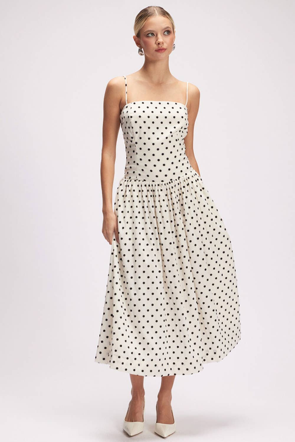CHIC SQUARE NECK POLKA DOT FIT & FLARE MIDI DRESS