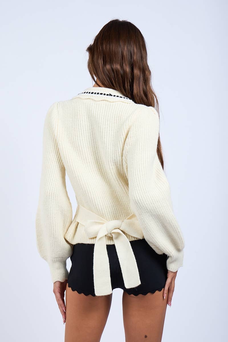 Lace Point Collared Back Tie Knit Sweater
