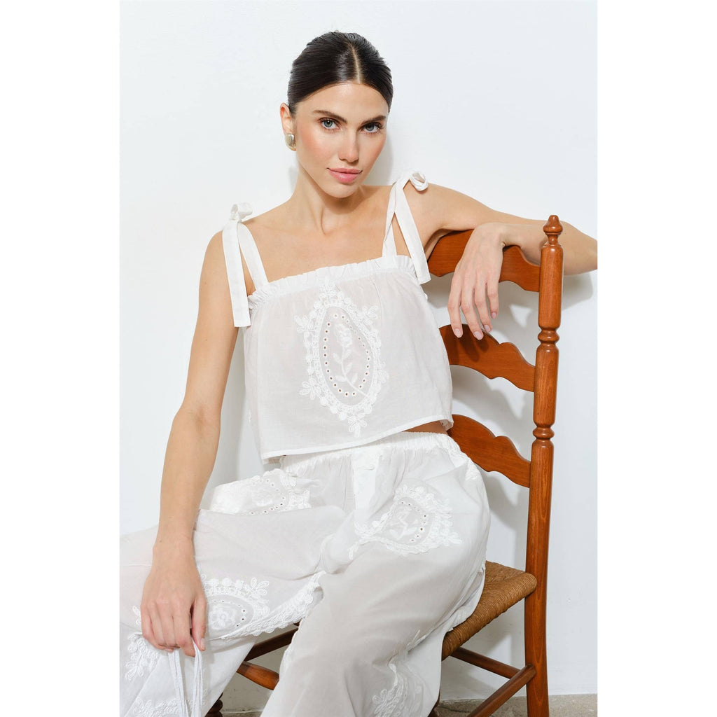 OWEN EMBROIDERED TIE STRAP SCARF TOP