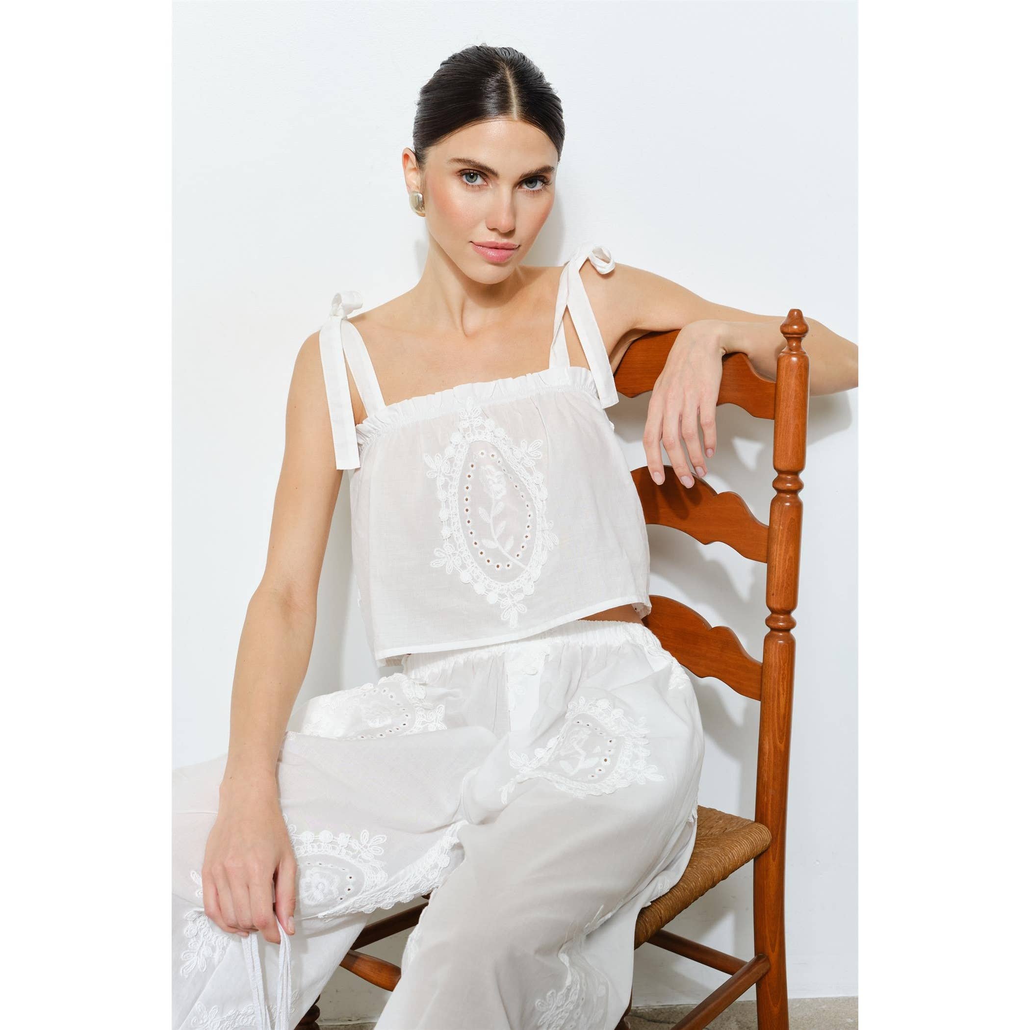 OWEN EMBROIDERED TIE STRAP SCARF TOP