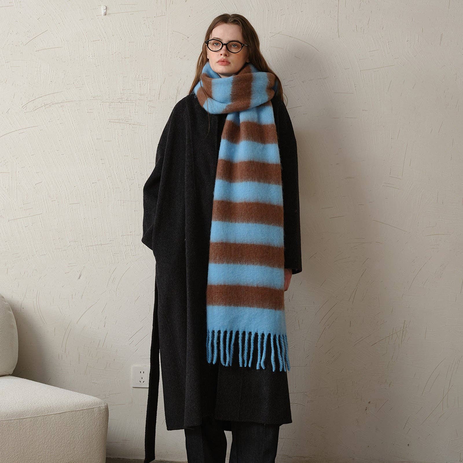 Striped Color Block Thicken Tassel Warm Scarf