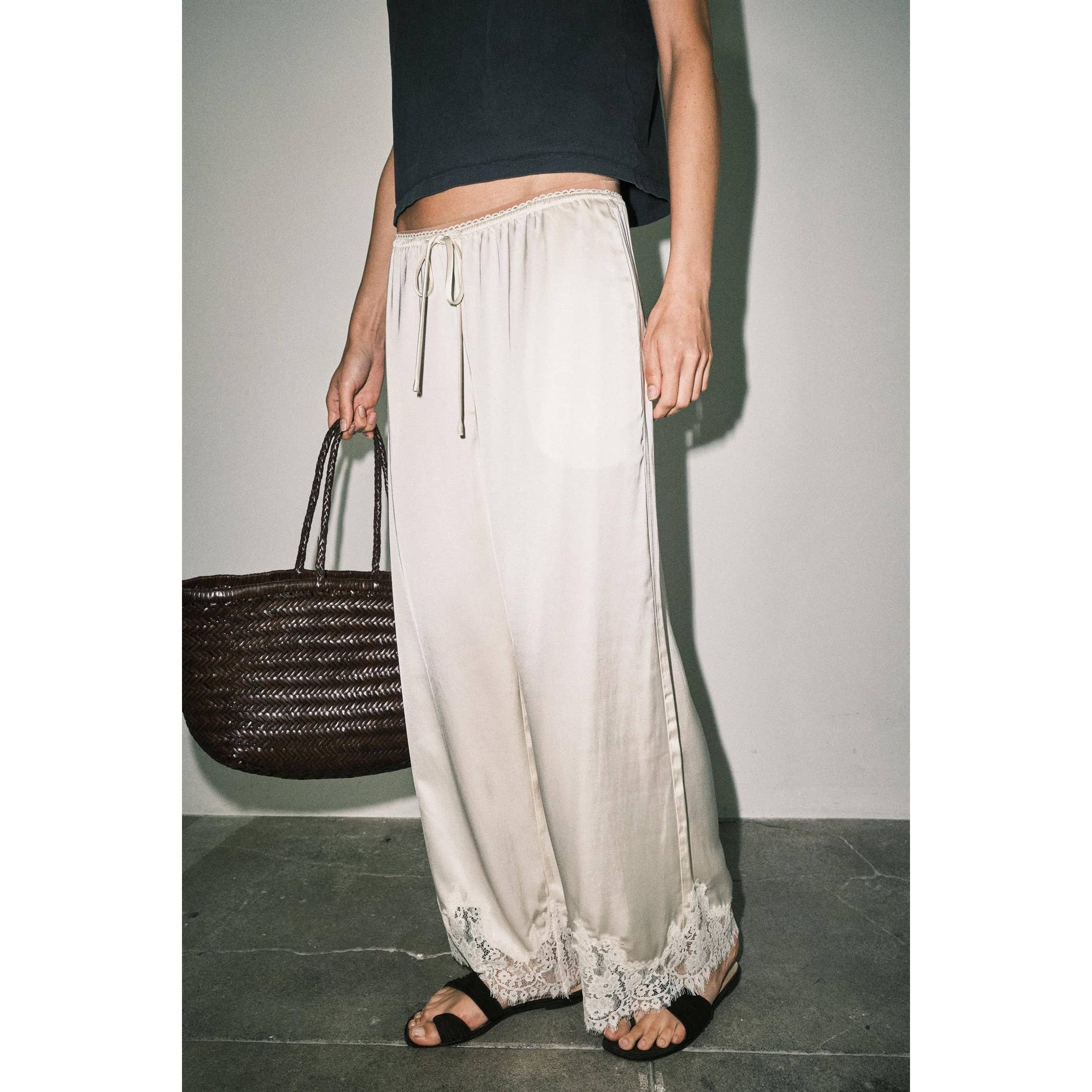 MIREYA SATIN LACE HEM WIDE LEG PALAZZO PANTS