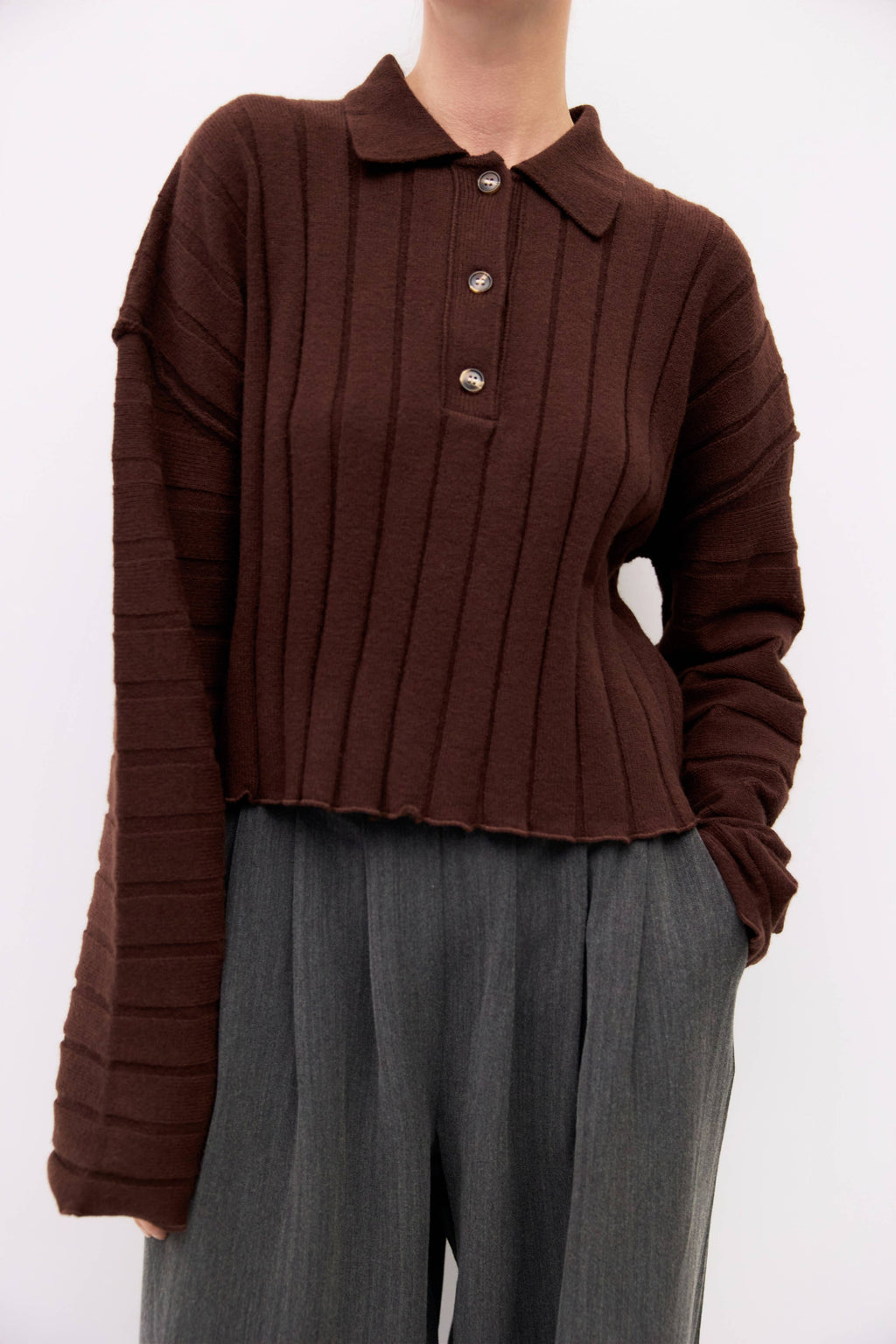 The Karina Sweater | Cropped Ribbed Knit Polo Sweater