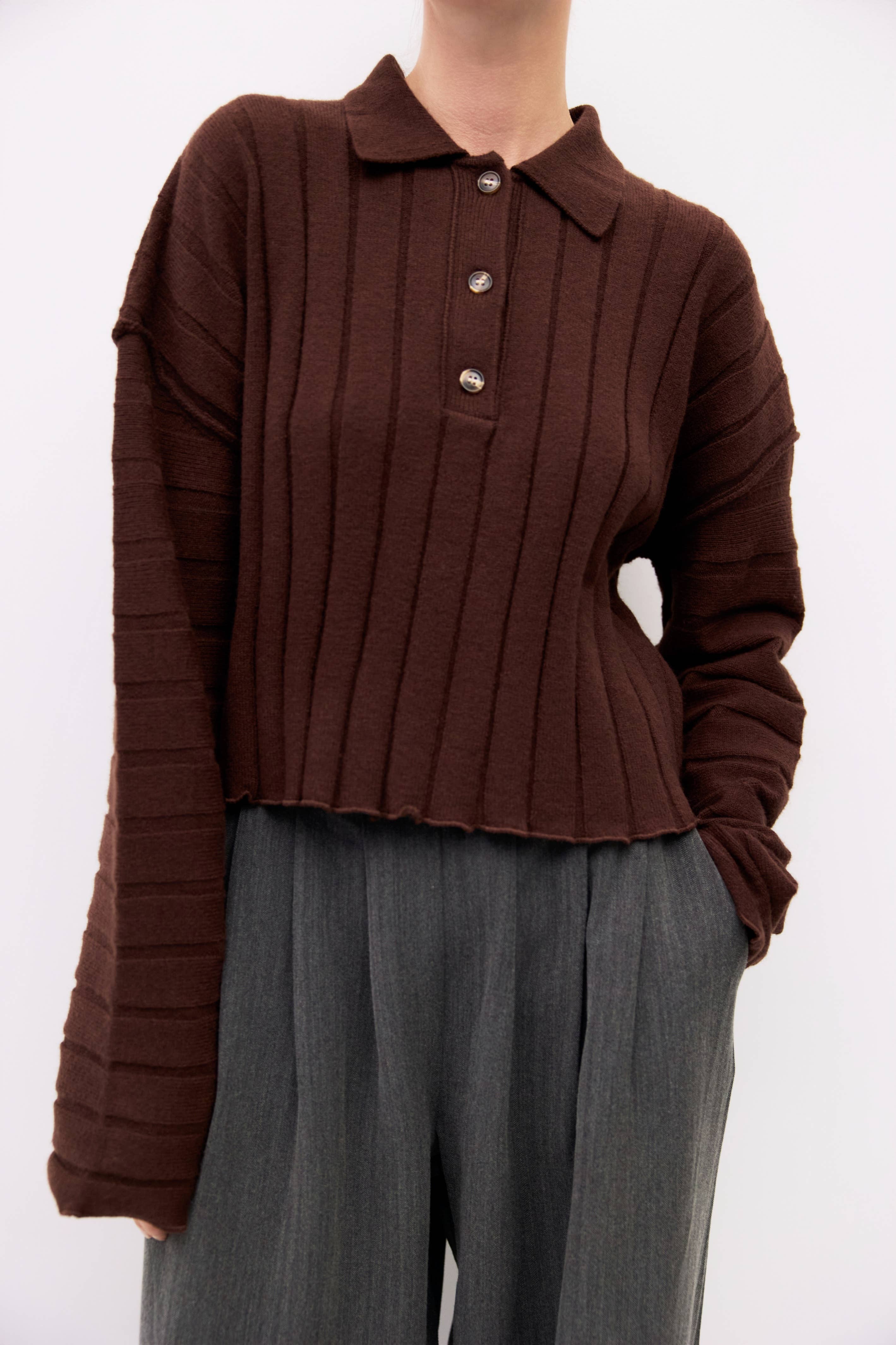 The Karina Sweater | Cropped Ribbed Knit Polo Sweater