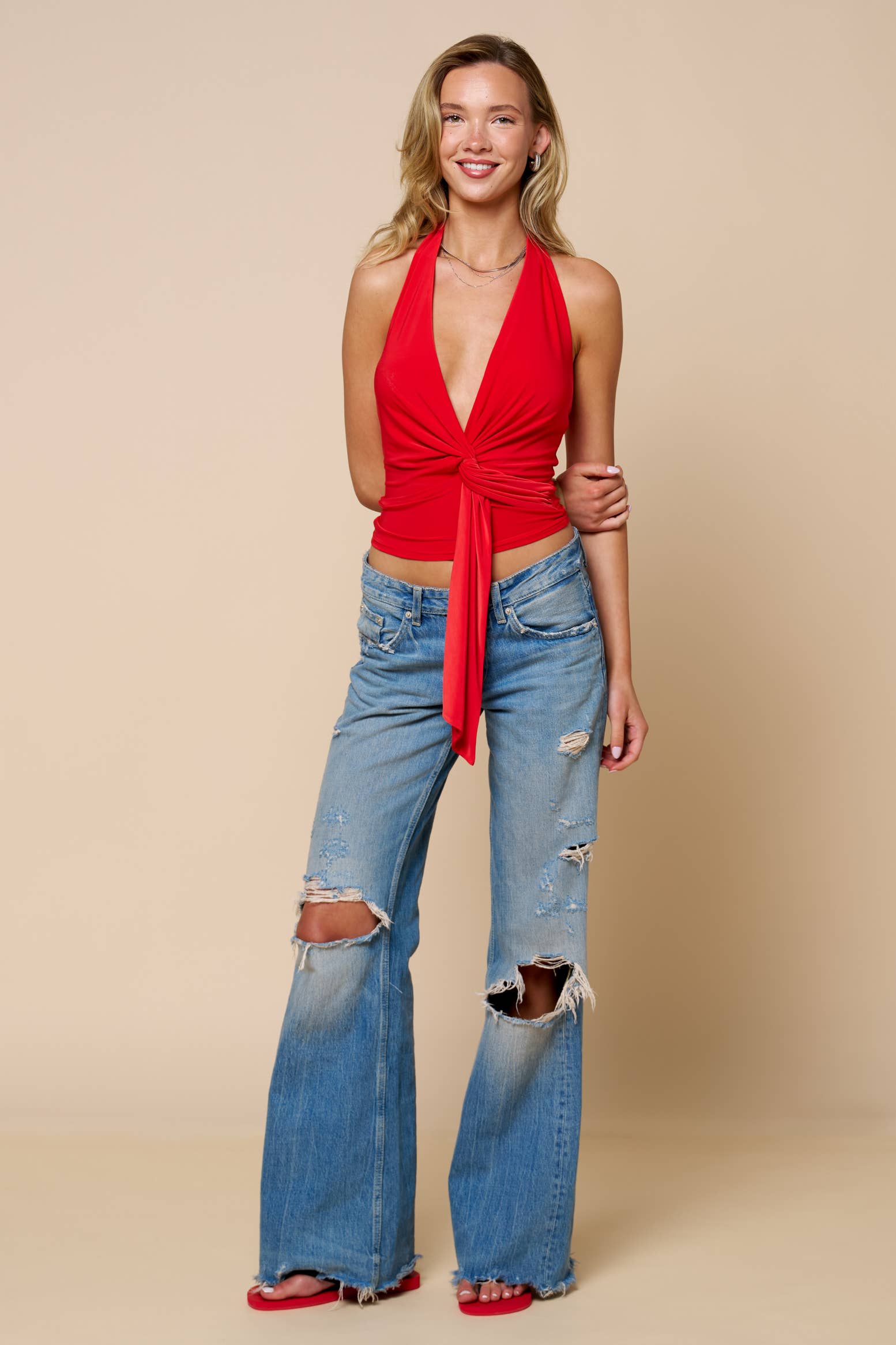 PLUNGING HLATER TIE-FRONT TOP