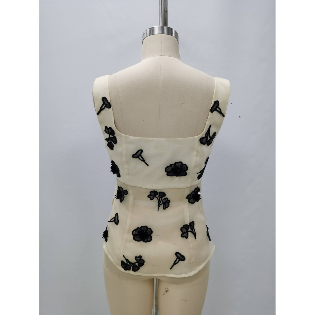 WIDE STRAP FLORAL EMBROIDERED EMBELLISHMENT ORGANZA TOP