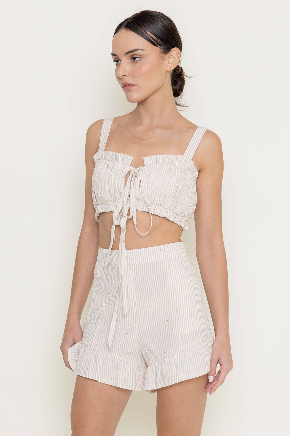 PLEATED STRIPE RUFFLE SELF STRAP BOW TIE CROP TOP