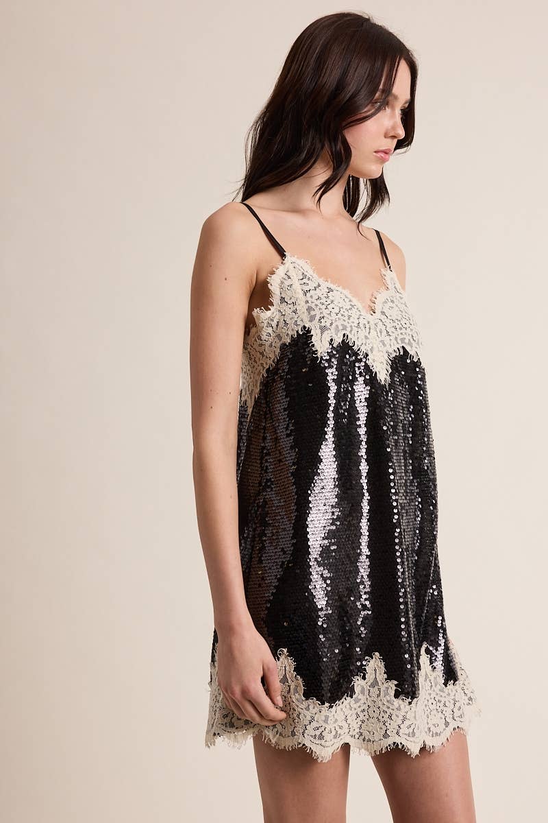Holiday Dark Sequin Off-white Lace Mini Dress