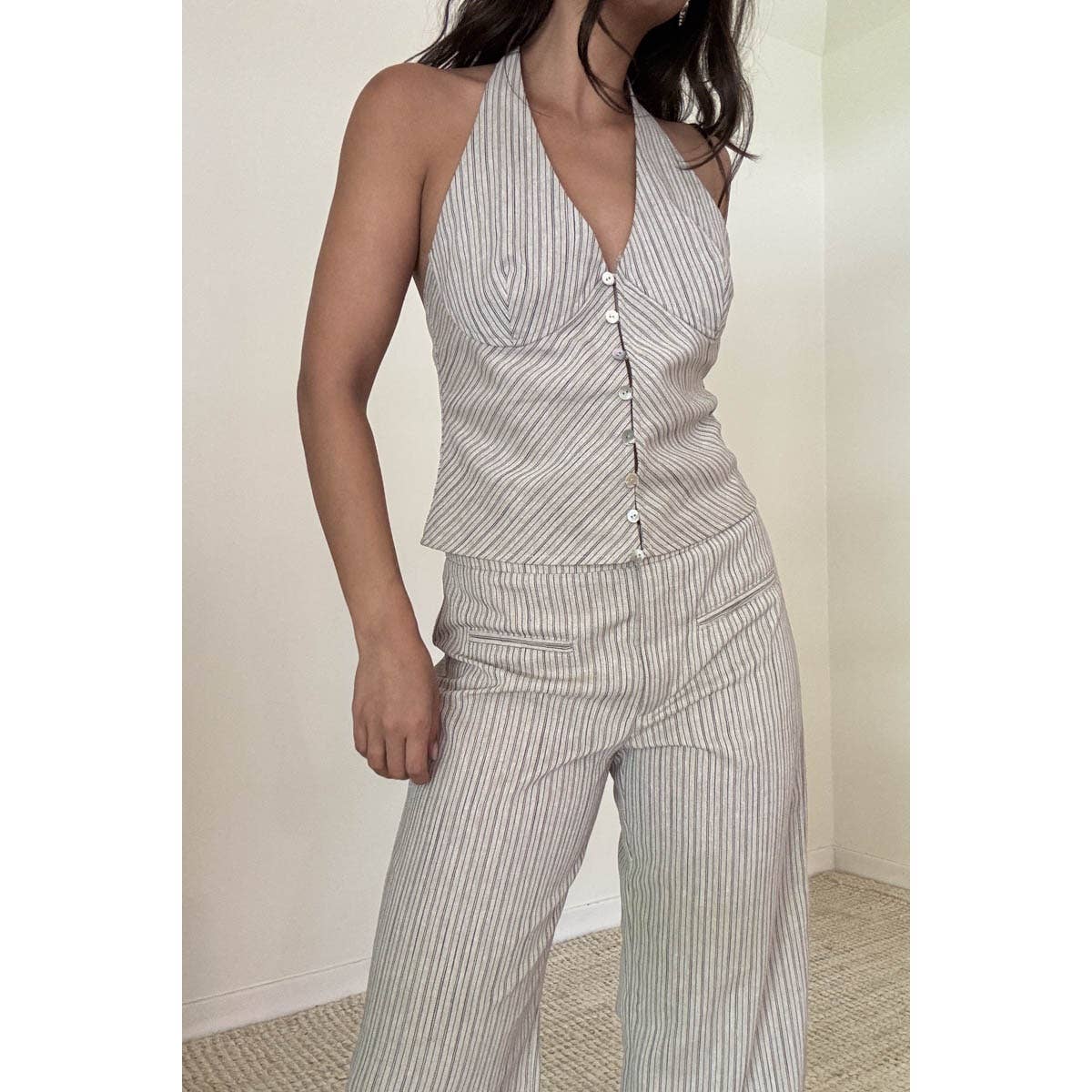 Taupe Stripe Halter Neck Top